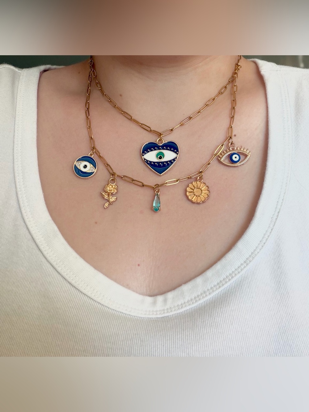 Handmade Gold tone Layered Evil Eye Necklace Heart Charm Paperclip Boho Y2K